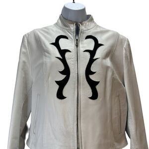 Vera Pelle Vintage White Leather Jacket with Black Design Size XL